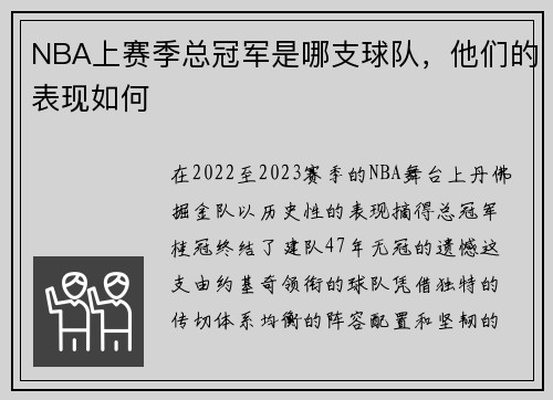 NBA上赛季总冠军是哪支球队，他们的表现如何